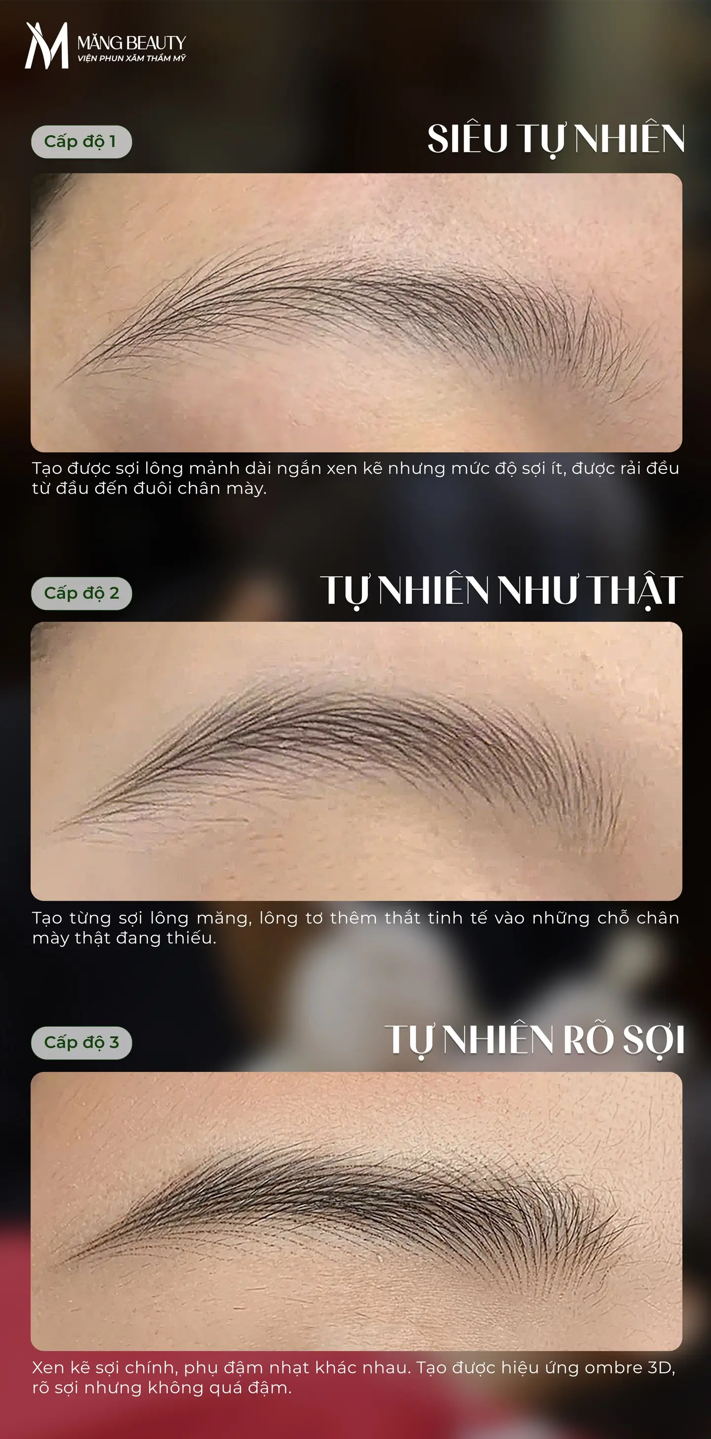 3 cấp độ tạo sợi độc quyền của Chân mày sợi Magic Brows tại Măng Beauty