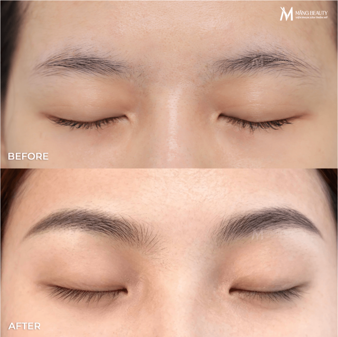 Hình ảnh trước và sau khi làm chân mày trăng non tại Măng Beauty 
